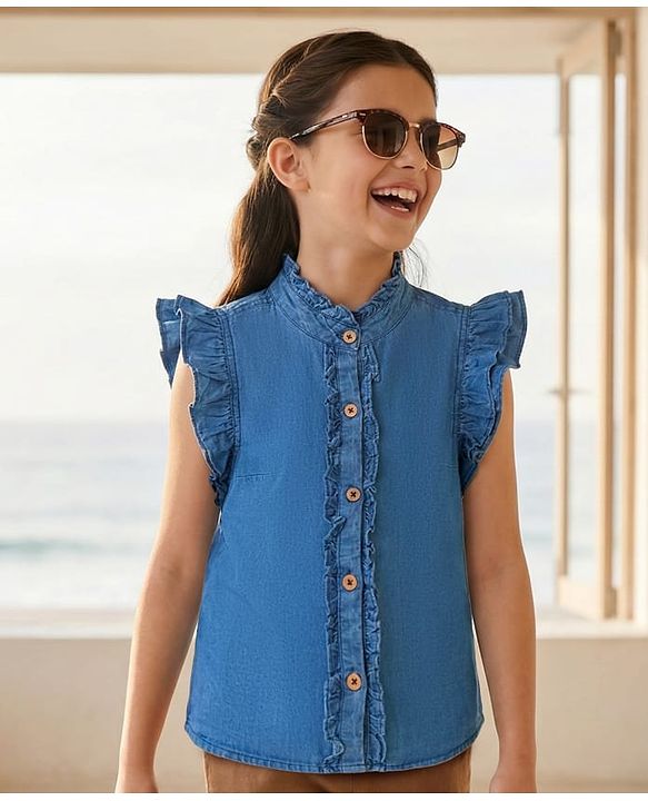 Pine Kids Cotton Woven Frill Sleeves Solid Shirt Style Top - Blue