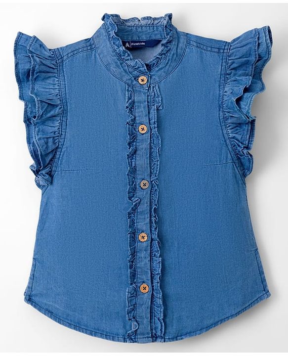 Pine Kids Cotton Woven Frill Sleeves Solid Shirt Style Top - Blue