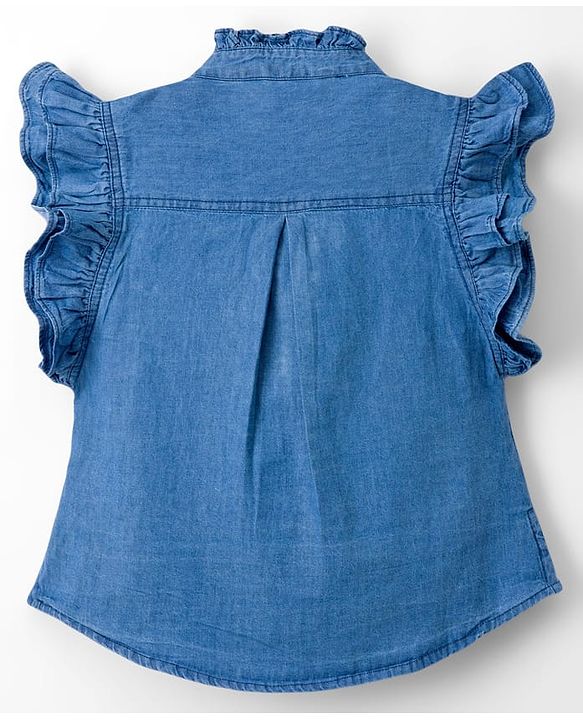 Pine Kids Cotton Woven Frill Sleeves Solid Shirt Style Top - Blue