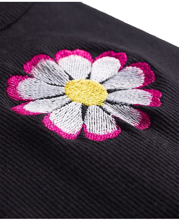 Pine Kids Cotton Lycra Knit Sleeveless Top With Floral Embroidery - Black