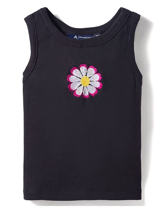 Pine Kids Cotton Lycra Knit Sleeveless Top With Floral Embroidery - Black