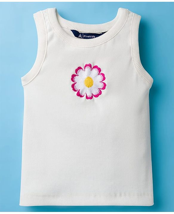 Pine Kids Cotton Lycra Knit Sleeveless Top With Floral Embroidery - Black