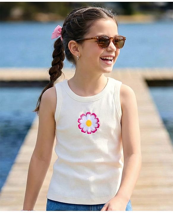 Pine Kids Cotton Lycra Knit Sleeveless Top With Floral Embroidery - Black