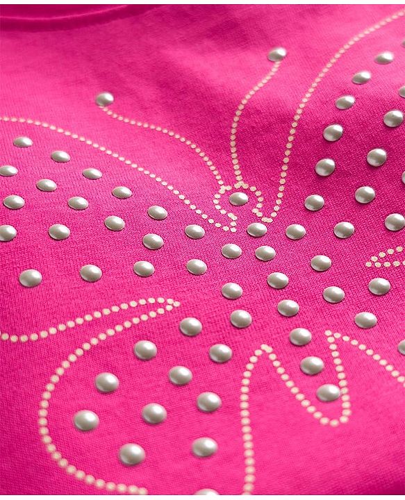 Pine Kids Cotton Knit Half Sleeves Top With Butterfly Print - Dark Pink