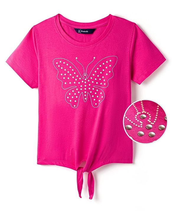 Pine Kids Cotton Knit Half Sleeves Top With Butterfly Print - Dark Pink