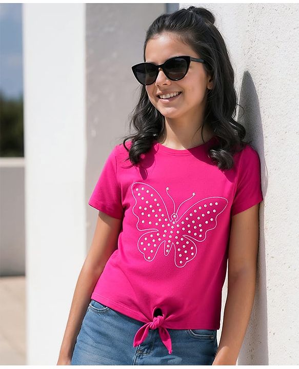 Pine Kids Cotton Knit Half Sleeves Top With Butterfly Print - Dark Pink