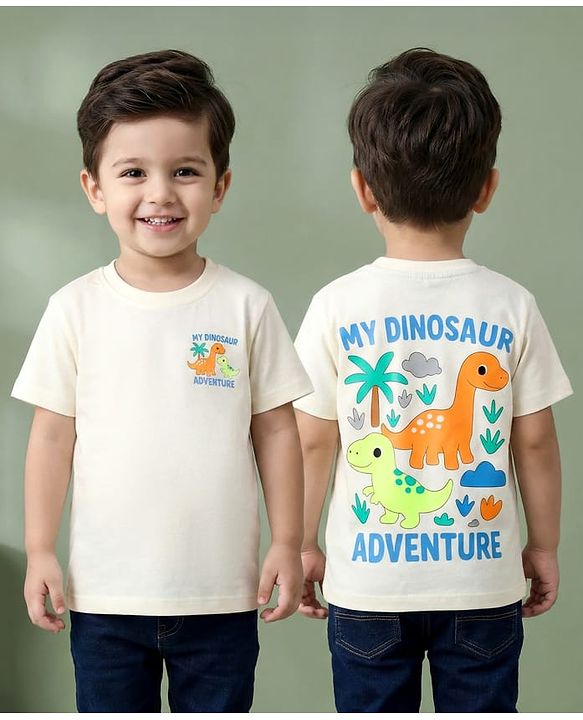Babyhug Cotton Knit Half Sleeves T-Shirt with Front & Back Dino Print - Cream
