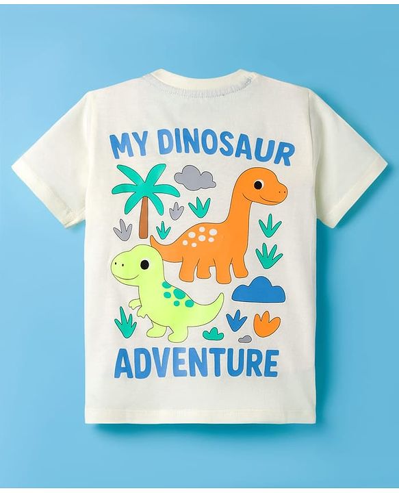 Babyhug Cotton Knit Half Sleeves T-Shirt with Front & Back Dino Print - Cream