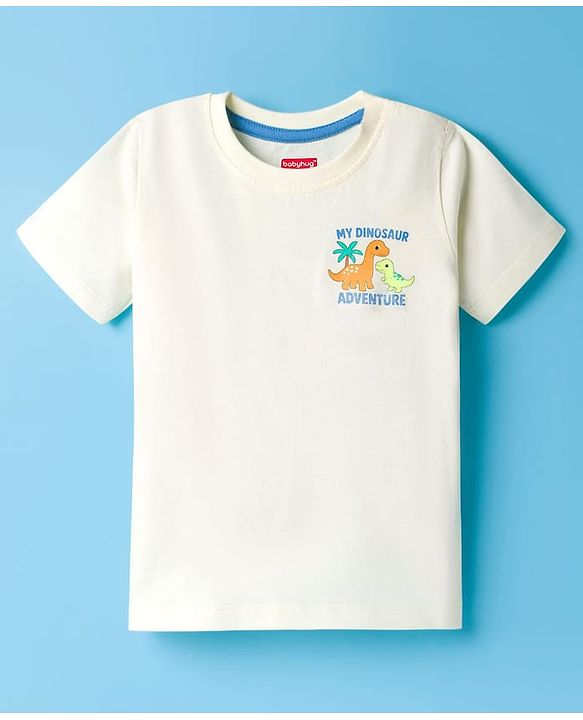 Babyhug Cotton Knit Half Sleeves T-Shirt with Front & Back Dino Print - Cream