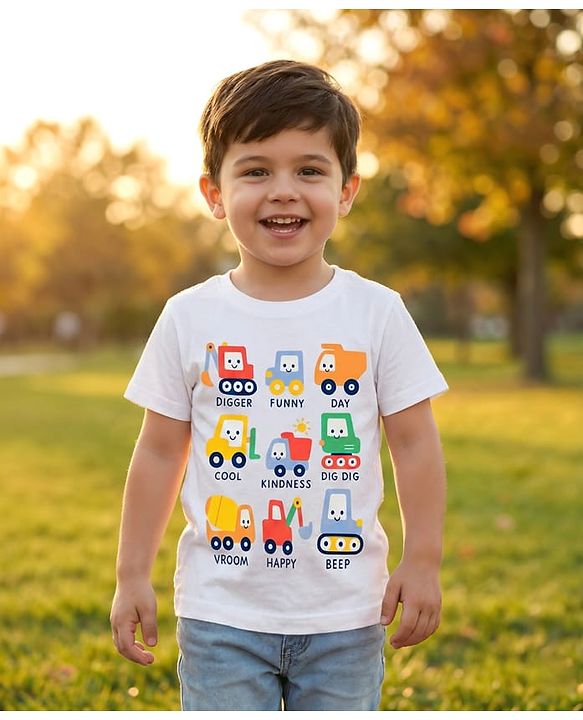 Babyhug Cotton Knit Half Sleeves T-Shirt with Vehicle Print - White