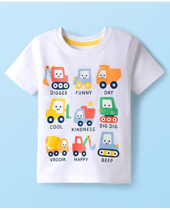 Babyhug Cotton Knit Half Sleeves T-Shirt with Vehicle Print - White
