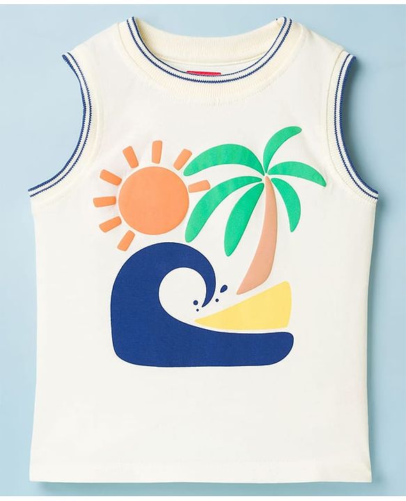 Babyhug Cotton Knit Sleeveless Tank T-Shirt with Beach Theme Graphics - Multicolor