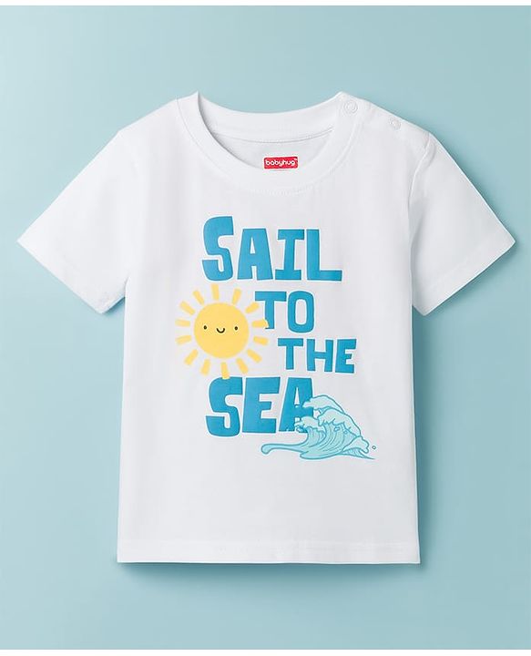 Babyhug Cotton Knit Half Sleeves T-Shirt with Nautical Theme Print - White