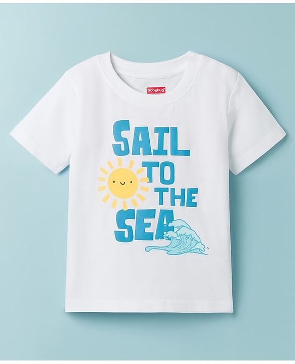Babyhug Cotton Knit Half Sleeves T-Shirt with Nautical Theme Print - White