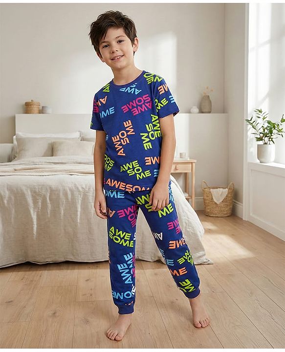 Pine Kids Single Jersey Knit Half Sleeves T-Shirt & Lounge Pant Co-ords Night Suit With Awesome Print - Navy Blue
