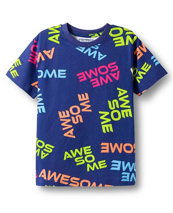 Pine Kids Single Jersey Knit Half Sleeves T-Shirt & Lounge Pant Co-ords Night Suit With Awesome Print - Navy Blue