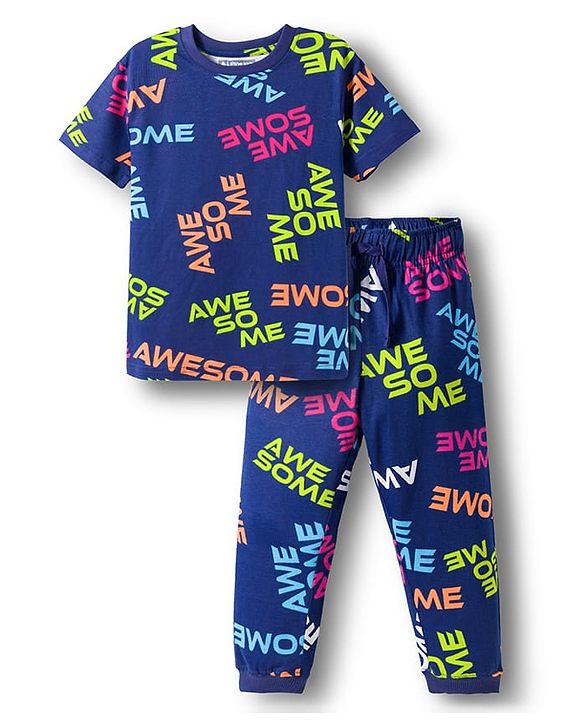 Pine Kids Single Jersey Knit Half Sleeves T-Shirt & Lounge Pant Co-ords Night Suit With Awesome Print - Navy Blue