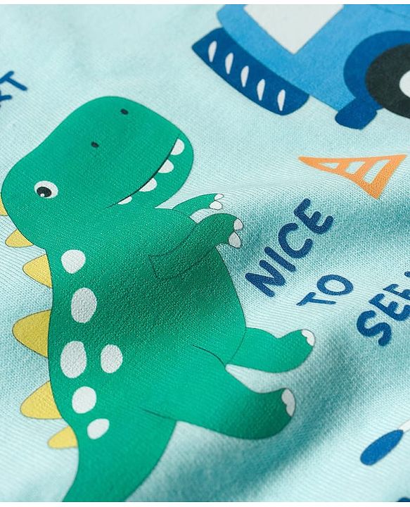 Babyhug Cotton Knit Half Sleeves T-Shirt with Vehicle & Animal Print - Aqua Blue