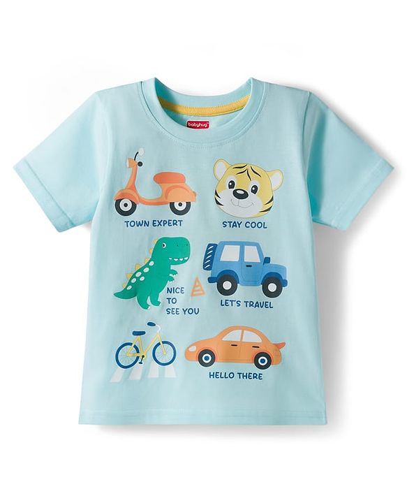 Babyhug Cotton Knit Half Sleeves T-Shirt with Vehicle & Animal Print - Aqua Blue