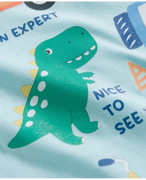 Babyhug Cotton Knit Half Sleeves T-Shirt with Vehicle & Animal Print - Aqua Blue