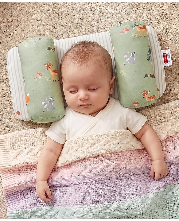 Babyhug Premium 100% Cotton Head Shaping Foam Pillow Woodland Print - Beige & Green