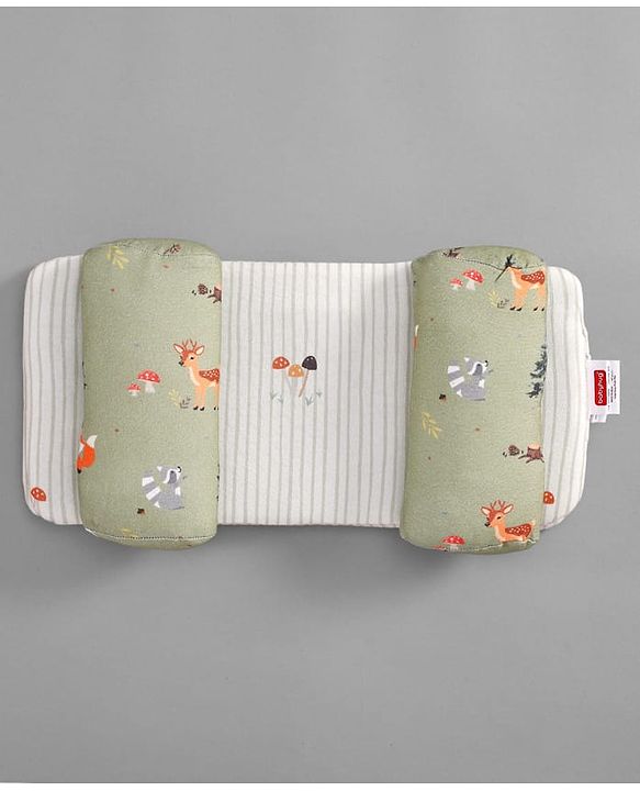 Babyhug Premium 100% Cotton Head Shaping Foam Pillow Woodland Print - Beige & Green