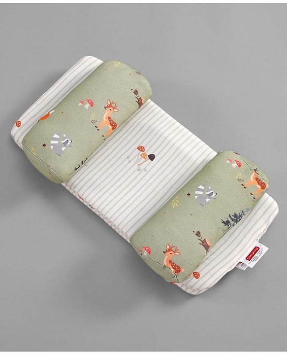 Babyhug Premium 100% Cotton Head Shaping Foam Pillow Woodland Print - Beige & Green
