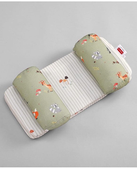Babyhug Premium 100% Cotton Head Shaping Foam Pillow Woodland Print - Beige & Green