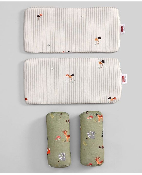 Babyhug Premium 100% Cotton Head Shaping Foam Pillow Woodland Print - Beige & Green