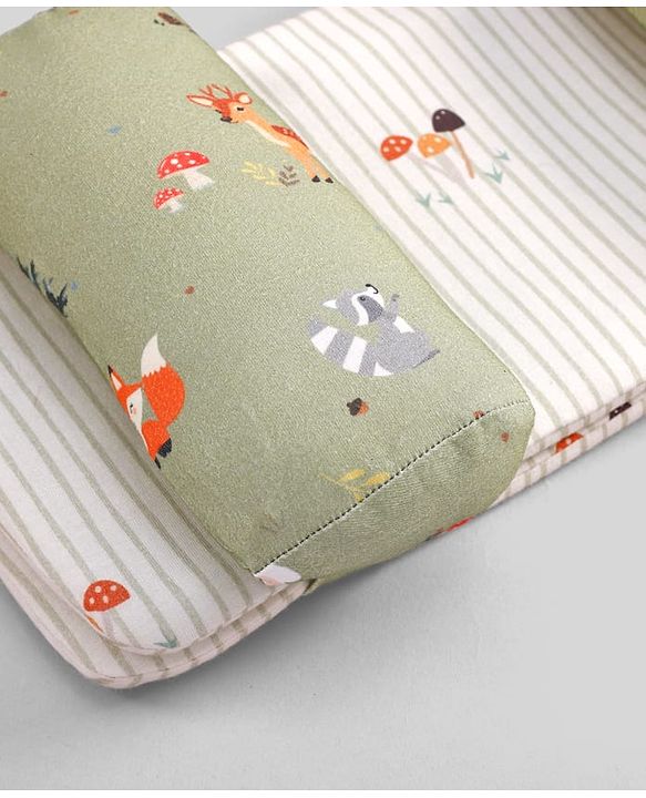 Babyhug Premium 100% Cotton Head Shaping Foam Pillow Woodland Print - Beige & Green