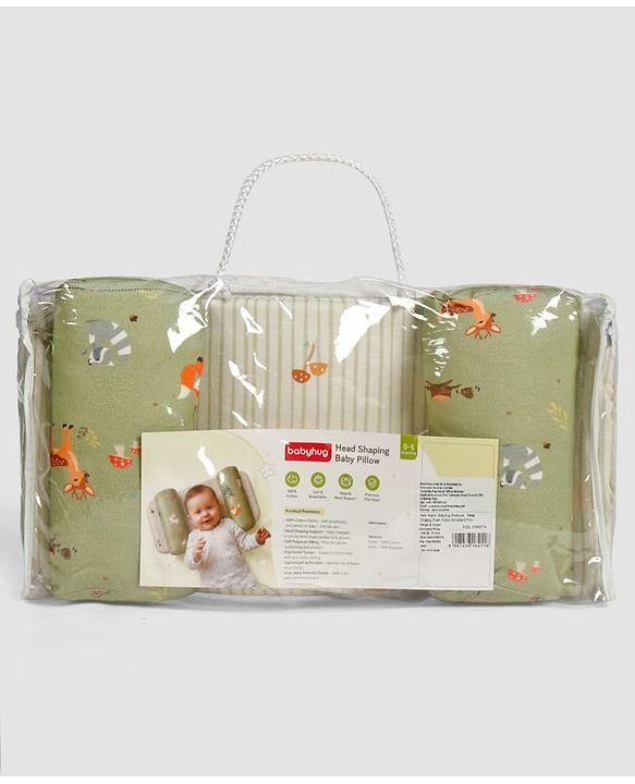 Babyhug Premium 100% Cotton Head Shaping Foam Pillow Woodland Print - Beige & Green