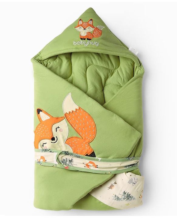 Babyhug Premium Interlock 100% Cotton Hooded Wrapper Woodland Theme - Green| Soft Breathable Baby Wrap| Adjustable Velcro Closure| Newborn Swaddle Blanket| Multipurpose Baby Sleeping Sack