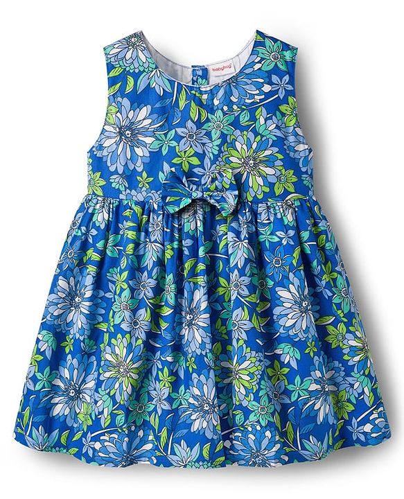 Babyhug Cotton Woven Sleeveless Frock with Floral Print & Bow -Blue