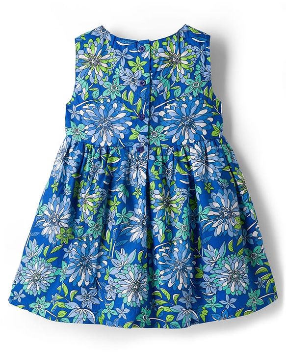Babyhug Cotton Woven Sleeveless Frock with Floral Print & Bow -Blue