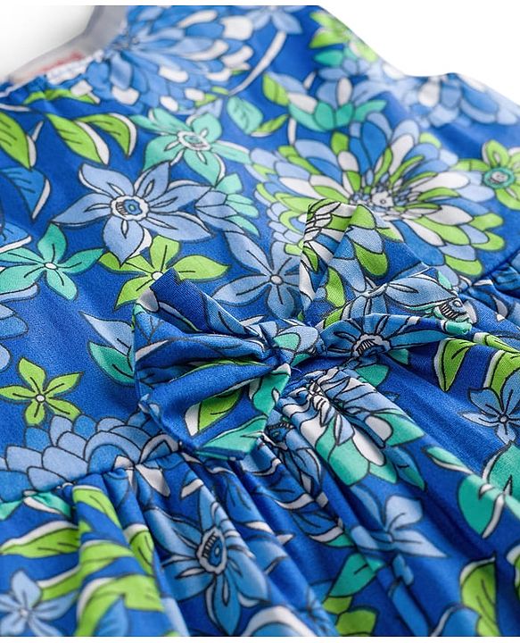 Babyhug Cotton Woven Sleeveless Frock with Floral Print & Bow -Blue
