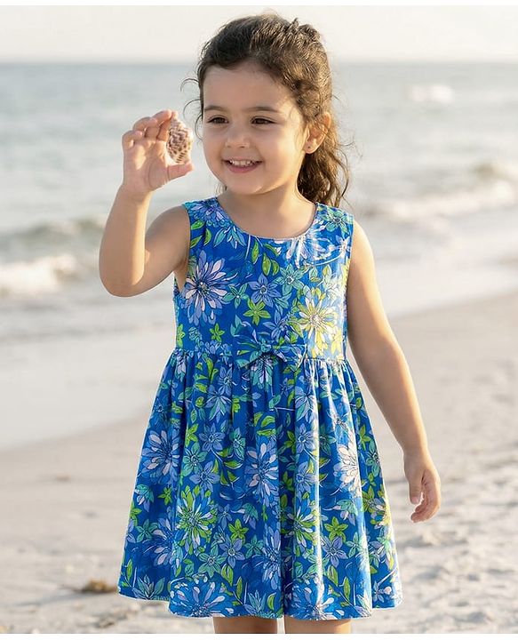 Babyhug Cotton Woven Sleeveless Frock with Floral Print & Bow -Blue