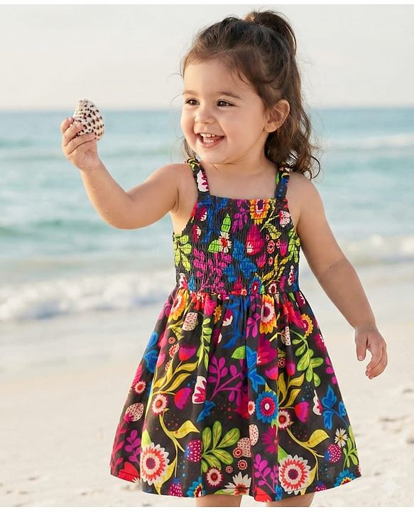 Babyhug Cotton Woven Sleeveless Floral Printed Frock with Smock Detailing - Multicolour