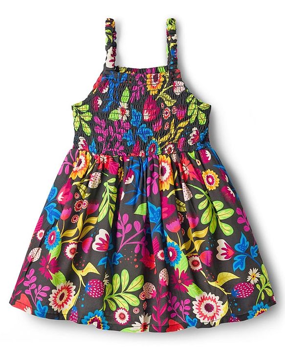 Babyhug Cotton Woven Sleeveless Floral Printed Frock with Smock Detailing - Multicolour
