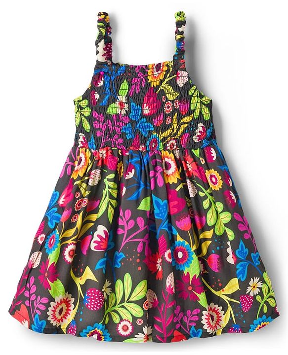 Babyhug Cotton Woven Sleeveless Floral Printed Frock with Smock Detailing - Multicolour