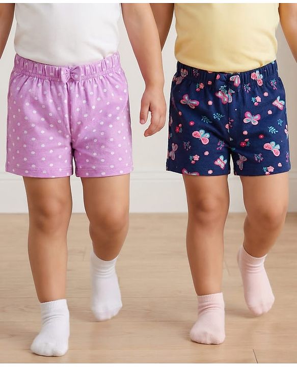 Babyhug 100% Cotton Single Jersey Knit Mid Thigh Shorts With Floral Print Pack Of 2 - Navy Blue & Purple