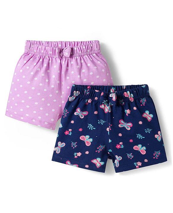 Babyhug 100% Cotton Single Jersey Knit Mid Thigh Shorts With Floral Print Pack Of 2 - Navy Blue & Purple