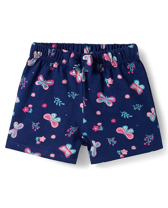 Babyhug 100% Cotton Single Jersey Knit Mid Thigh Shorts With Floral Print Pack Of 2 - Navy Blue & Purple