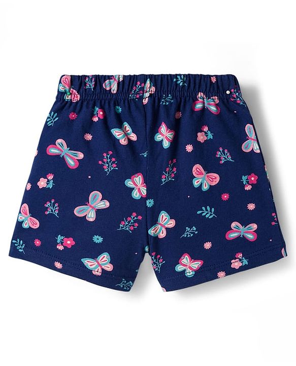 Babyhug 100% Cotton Single Jersey Knit Mid Thigh Shorts With Floral Print Pack Of 2 - Navy Blue & Purple