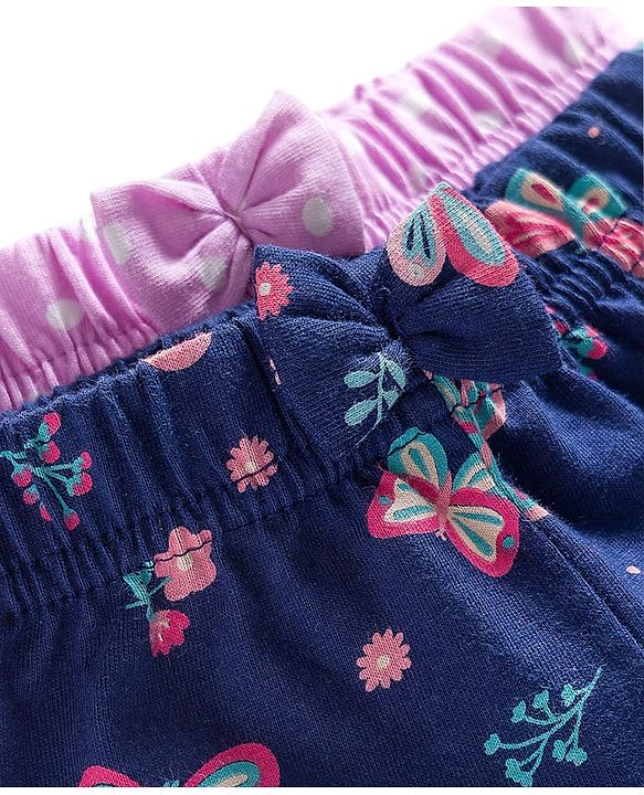 Babyhug 100% Cotton Single Jersey Knit Mid Thigh Shorts With Floral Print Pack Of 2 - Navy Blue & Purple