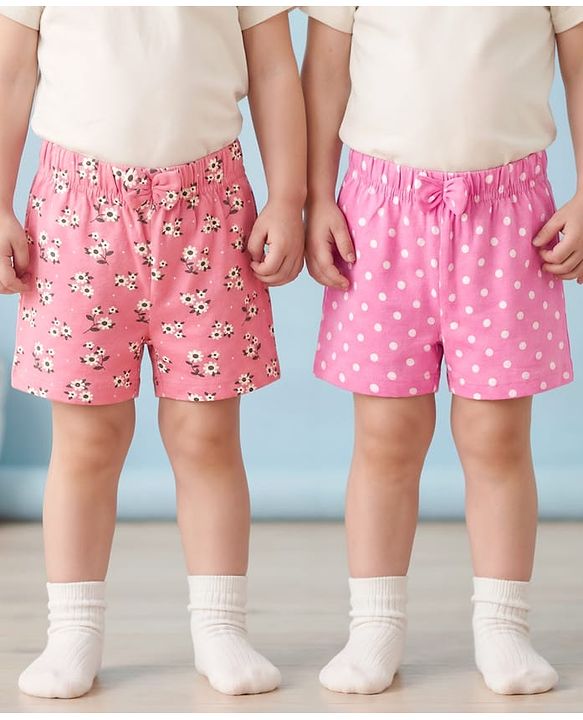 Babyhug Single Jersey Knit Mid Thigh Length Polka Dotted & Floral Printed Shorts with Bow Applique Pack of 2 - Pink