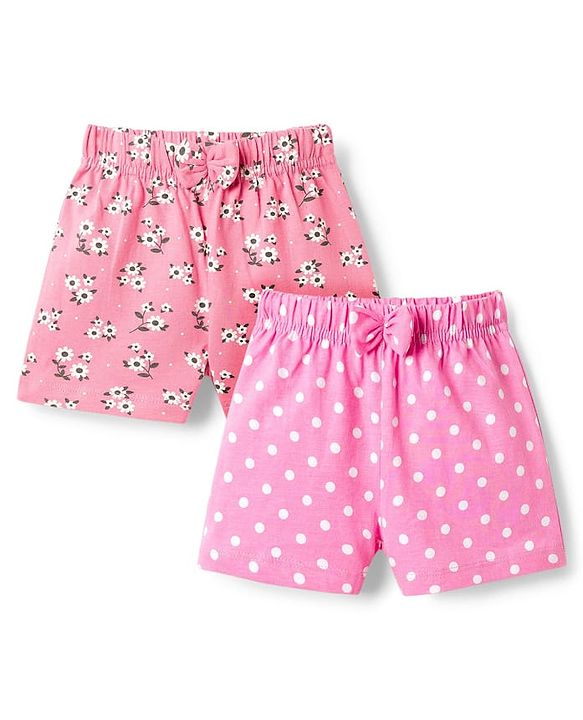 Babyhug Single Jersey Knit Mid Thigh Length Polka Dotted & Floral Printed Shorts with Bow Applique Pack of 2 - Pink