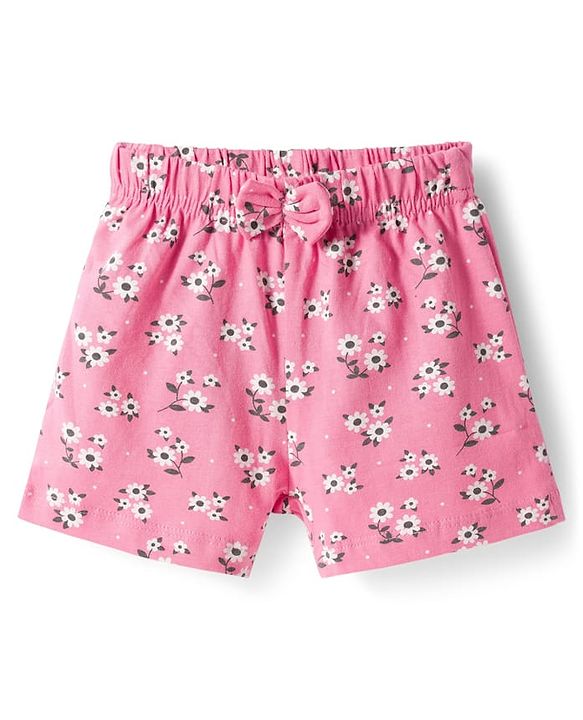 Babyhug Single Jersey Knit Mid Thigh Length Polka Dotted & Floral Printed Shorts with Bow Applique Pack of 2 - Pink