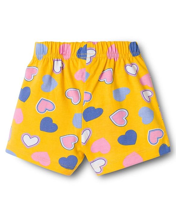 Babyhug 100% Cotton Single Jersey Knit Floral & Hearts Printed Mid Thigh Length Shorts With Bow Applique Pack Of 2 - Pink & Yellow