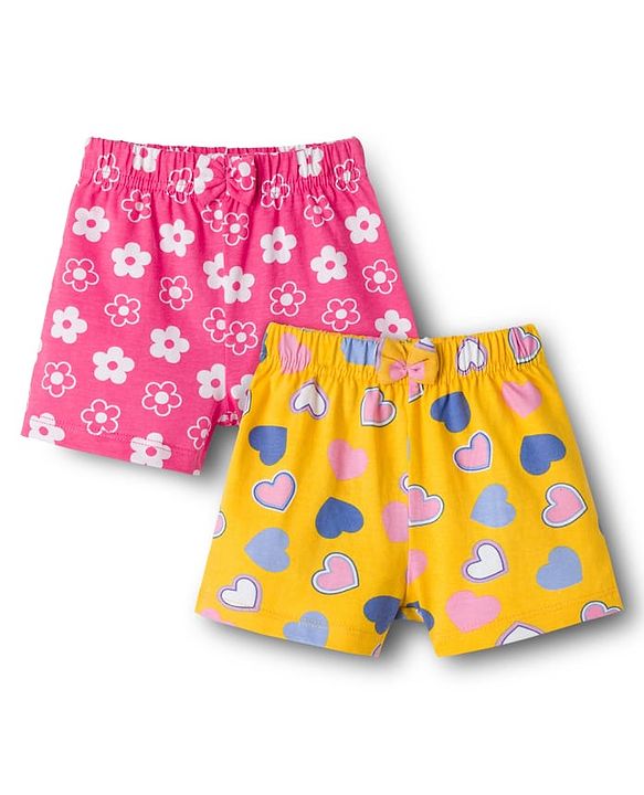 Babyhug 100% Cotton Single Jersey Knit Floral & Hearts Printed Mid Thigh Length Shorts With Bow Applique Pack Of 2 - Pink & Yellow
