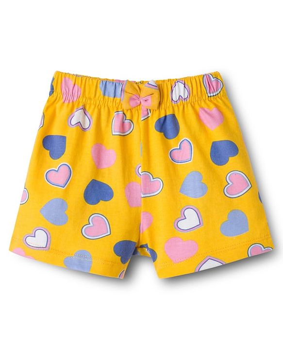 Babyhug 100% Cotton Single Jersey Knit Floral & Hearts Printed Mid Thigh Length Shorts With Bow Applique Pack Of 2 - Pink & Yellow